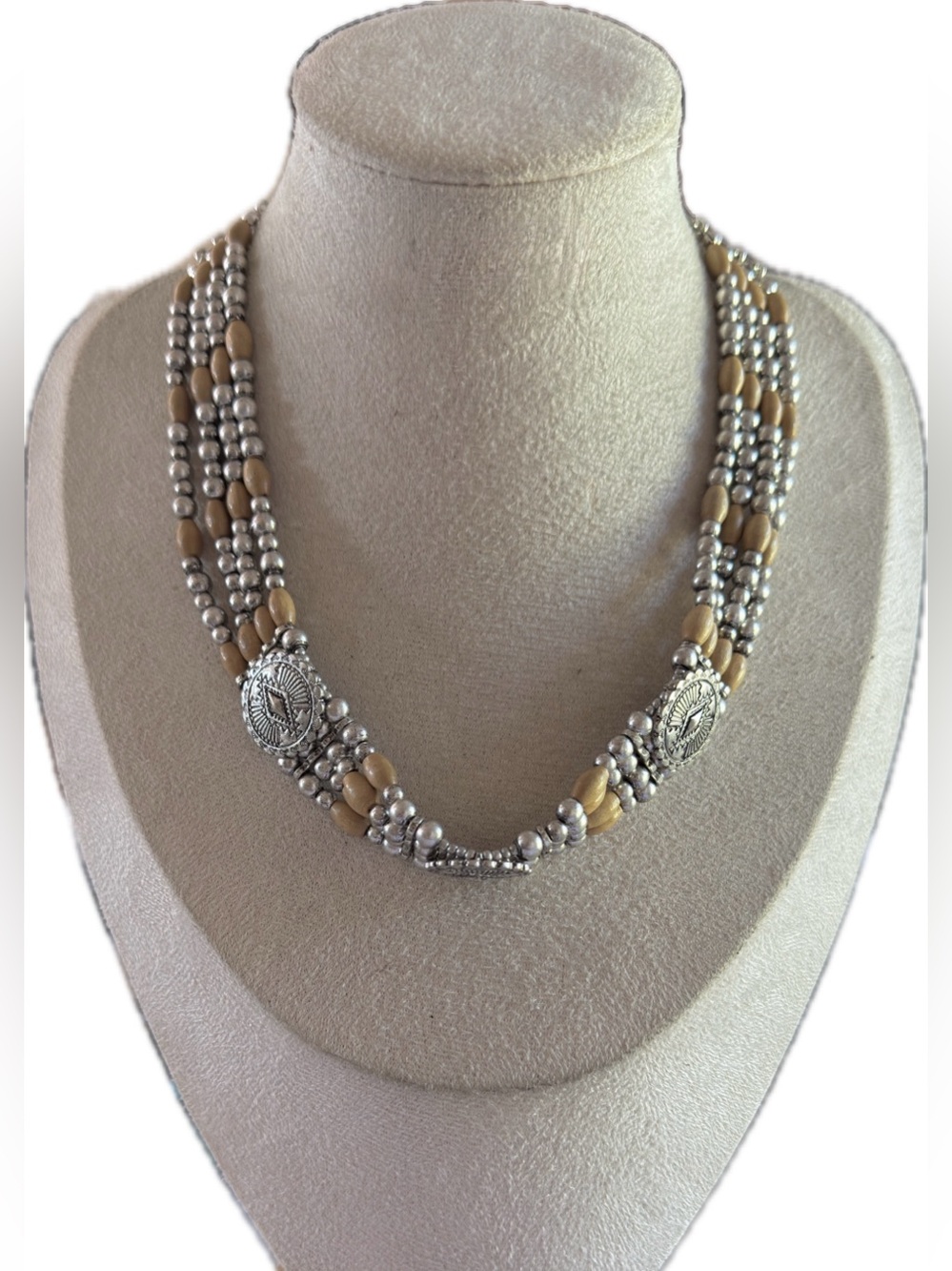 Shyanne Silver & Beige Layered Beaded Necklace